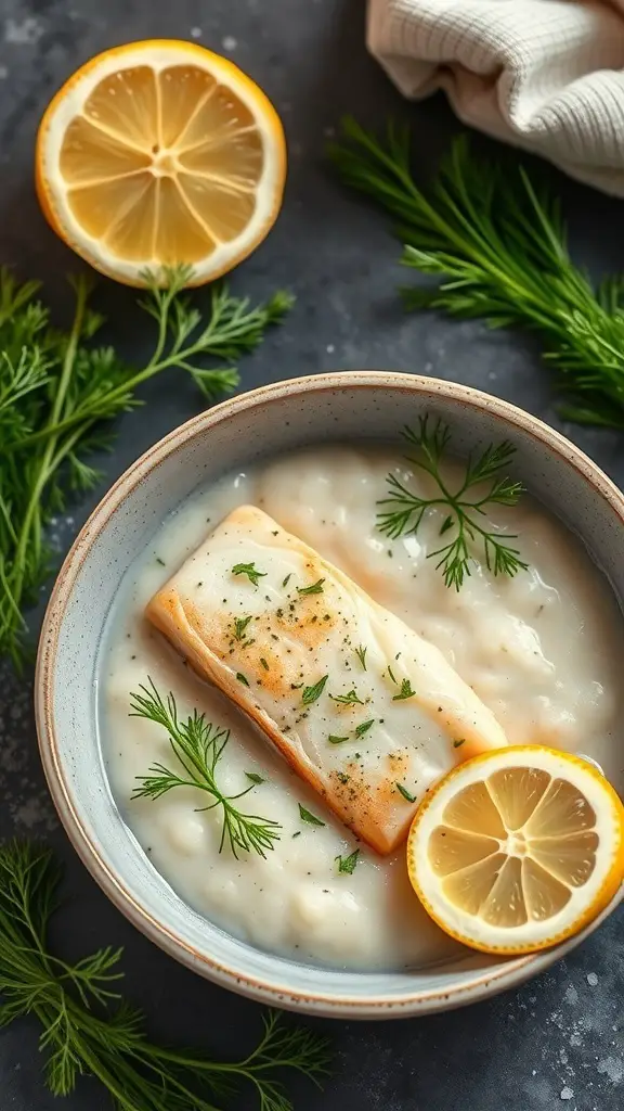 A bowl of fish and dill puree garnished with dill and a lemon slice