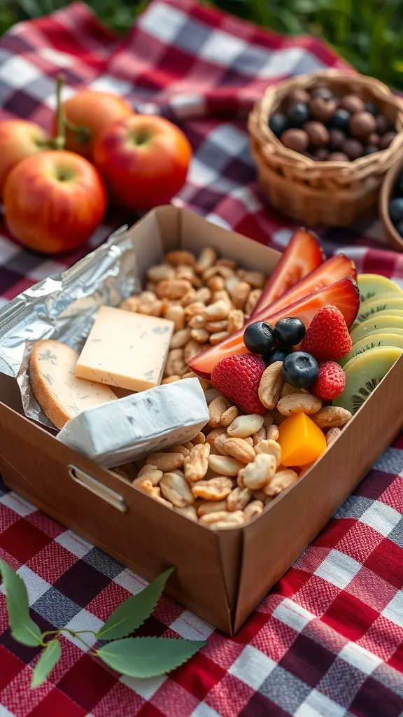 A colorful fruit and nut snack box with apples, strawberries, blueberries, kiwi, cheese, and nuts on a picnic blanket.