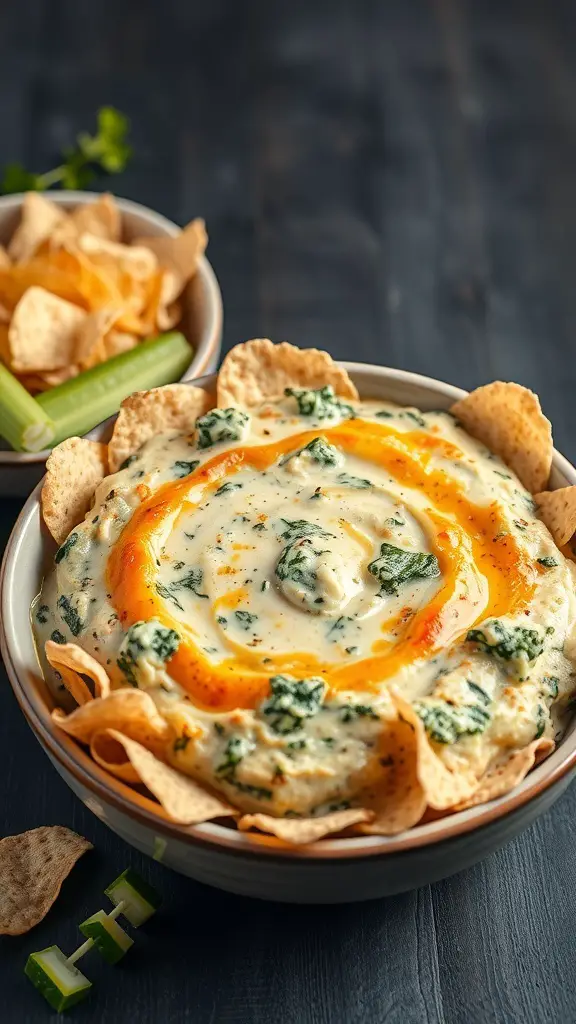 A bowl of spicy spinach and artichoke dip surrounded by tortilla chips and celery sticks.