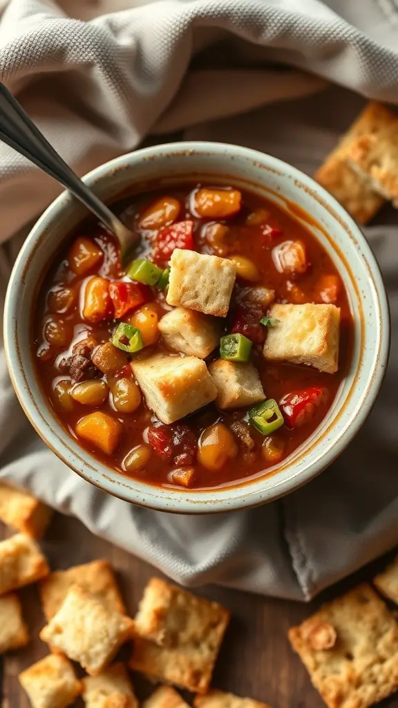 A bowl of chili topped with biscuit squares, surrounded by more biscuit pieces.