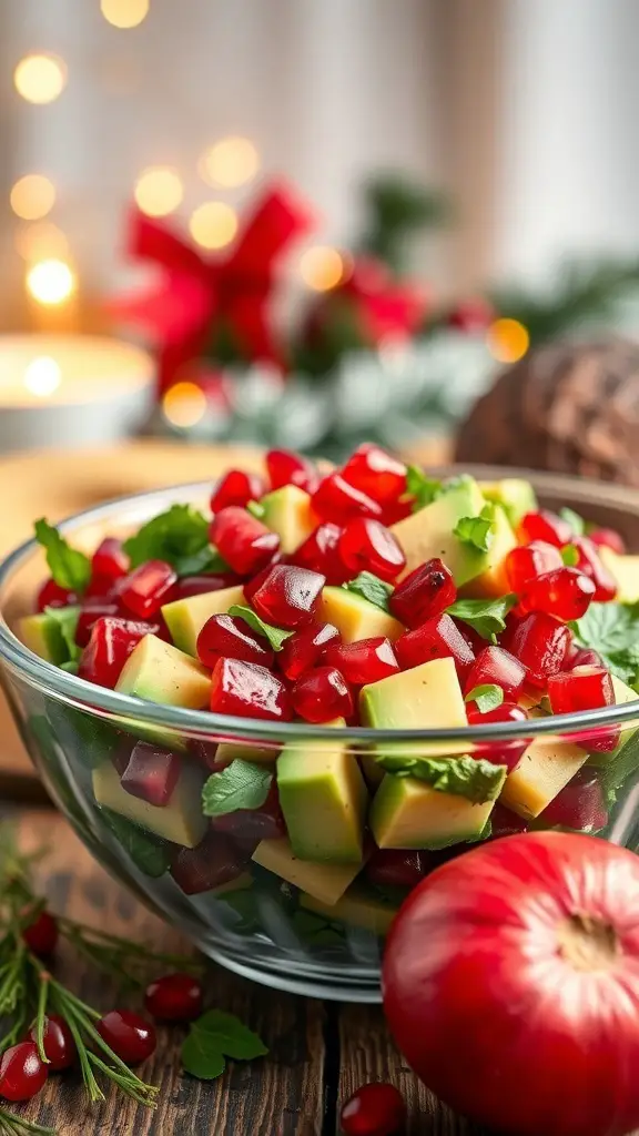 A vibrant bowl of pomegranate and avocado salad with fresh herbs, set against a festive background.