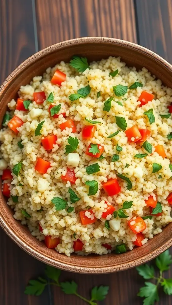 A bowl of herbed quinoa pilaf with red peppers and parsley on a wooden table.