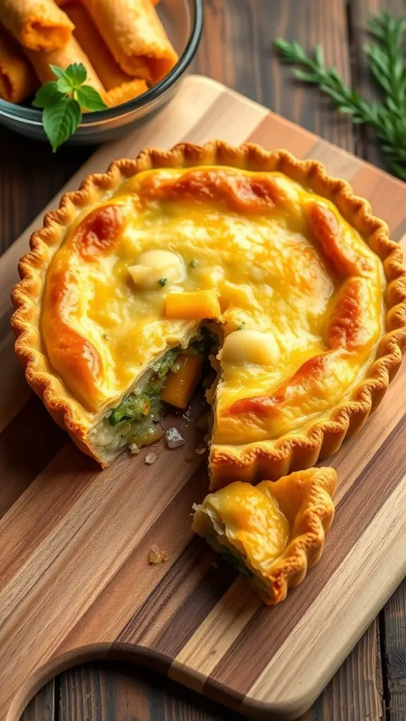 A freshly baked vegetable pot pie with a flaky crust, sitting on a wooden cutting board, with a slice removed to show the colorful filling.