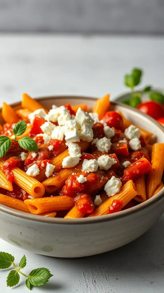 A bowl of rigatoni pasta topped with roasted red pepper sauce and crumbled feta cheese, garnished with fresh herbs.