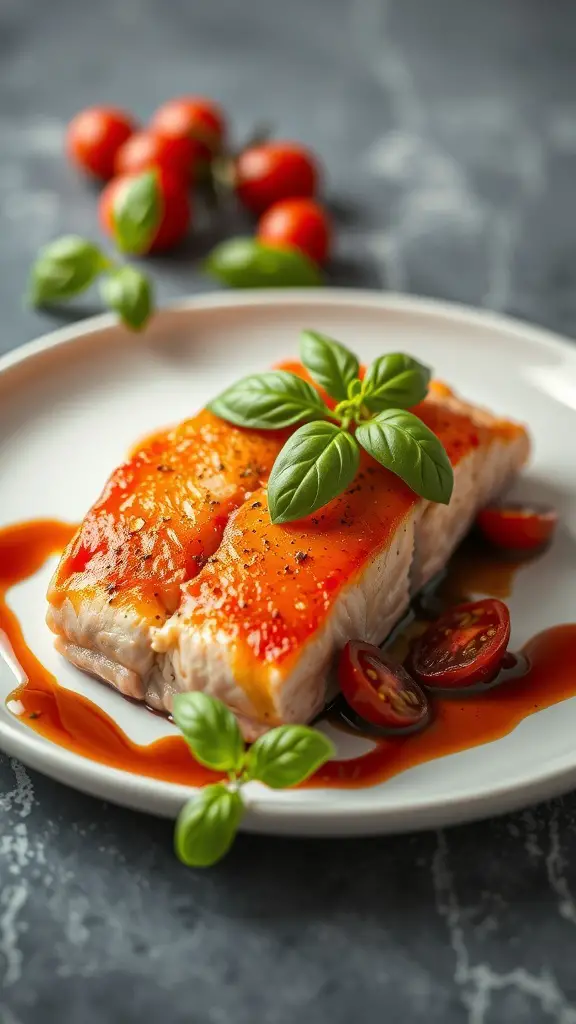 A delicious plate of sun-dried tomato and basil stuffed salmon garnished with fresh basil and cherry tomatoes.