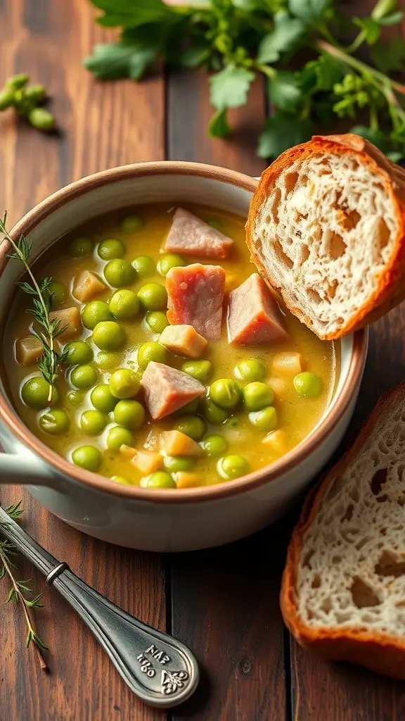 A bowl of split pea soup with ham, garnished with fresh herbs, and a slice of bread on the side.