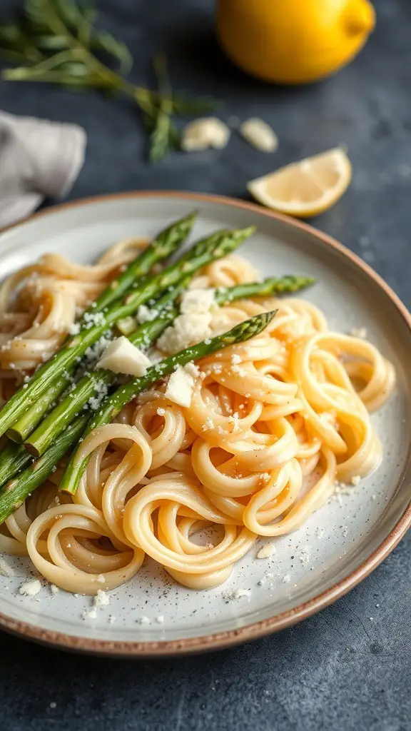 A plate of elbow noodles with asparagus and lemon, garnished with cheese.