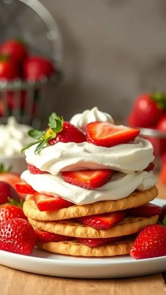 A plate of Ritz Cracker Strawberry Shortcake with layers of crackers, strawberries, and whipped cream.