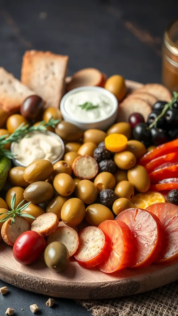 A beautifully arranged charcuterie board featuring various gourmet olives, pickles, and accompaniments.