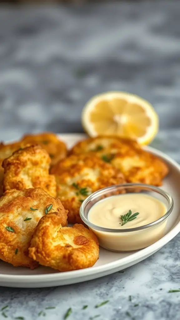 A plate of clam fritters served with lemon aioli and a lemon slice.
