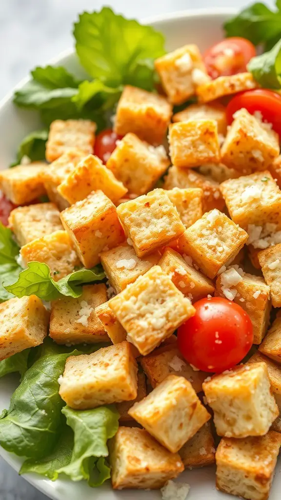 A bowl of Caesar salad topped with golden-brown Saltine cracker croutons, fresh greens, and cherry tomatoes.
