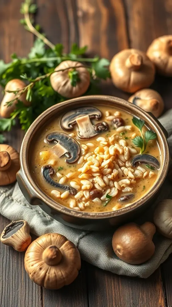 A bowl of creamy mushroom and wild rice soup surrounded by fresh mushrooms and herbs.