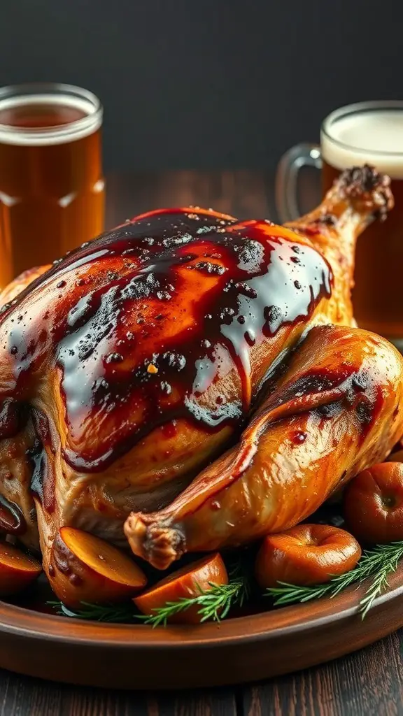 A roasted turkey glazed with a rich sauce, surrounded by carrots and fresh herbs, with two glasses of beer in the background.