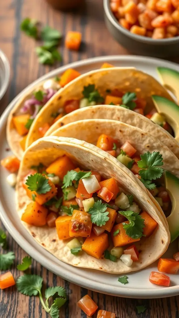 Three butternut squash tacos filled with diced squash, tomatoes, and cilantro on a plate.