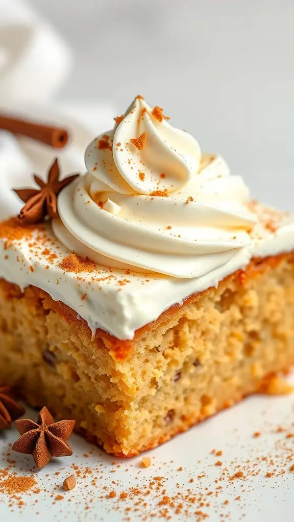 A slice of Eggnog Cake topped with nutmeg whipped cream and garnished with star anise.