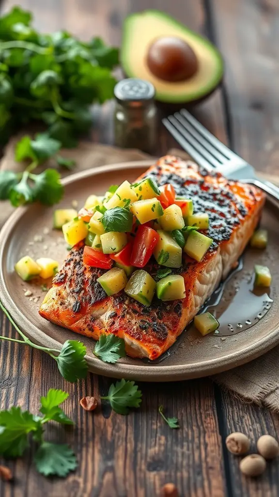 Crispy skin salmon fillet topped with avocado salsa, garnished with fresh herbs on a wooden table.