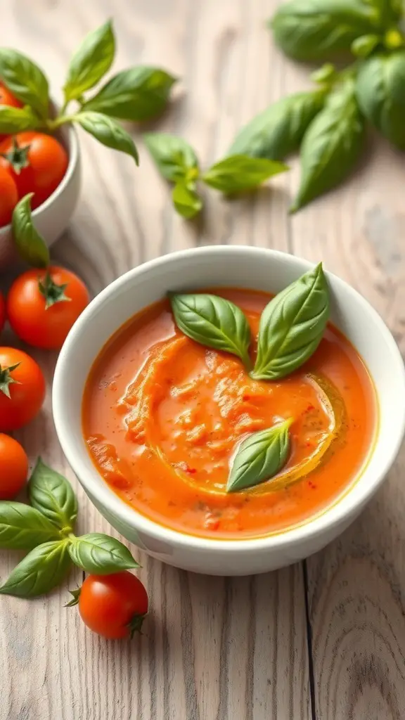 A bowl of creamy tomato basil soup garnished with fresh basil leaves, surrounded by cherry tomatoes.