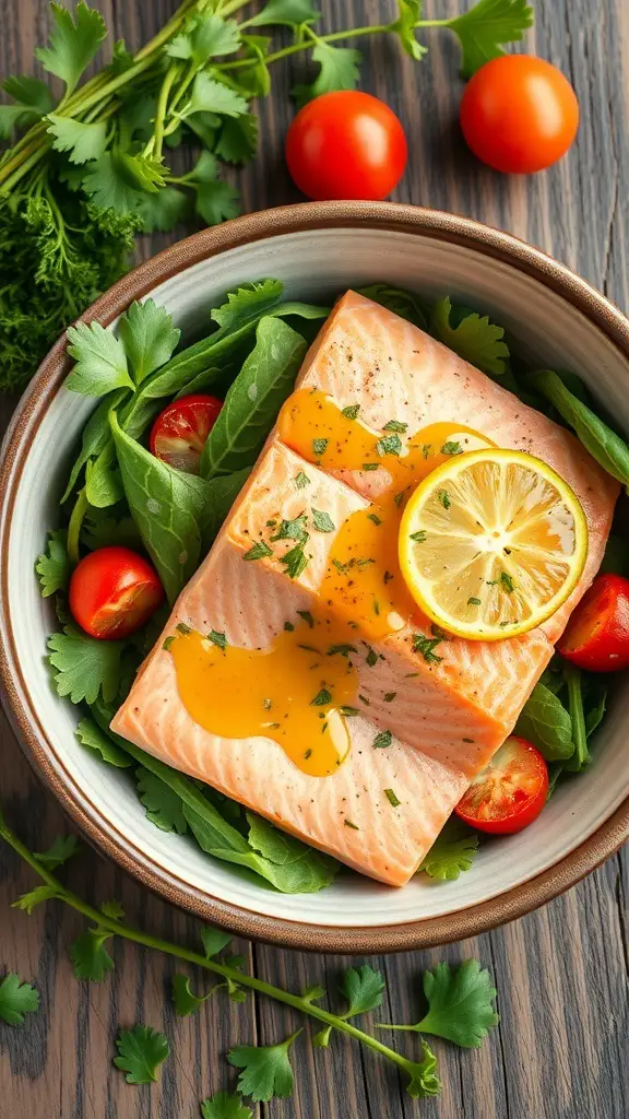 A bowl of salmon salad with olive oil dressing, featuring fresh greens, cherry tomatoes, and a slice of lemon.