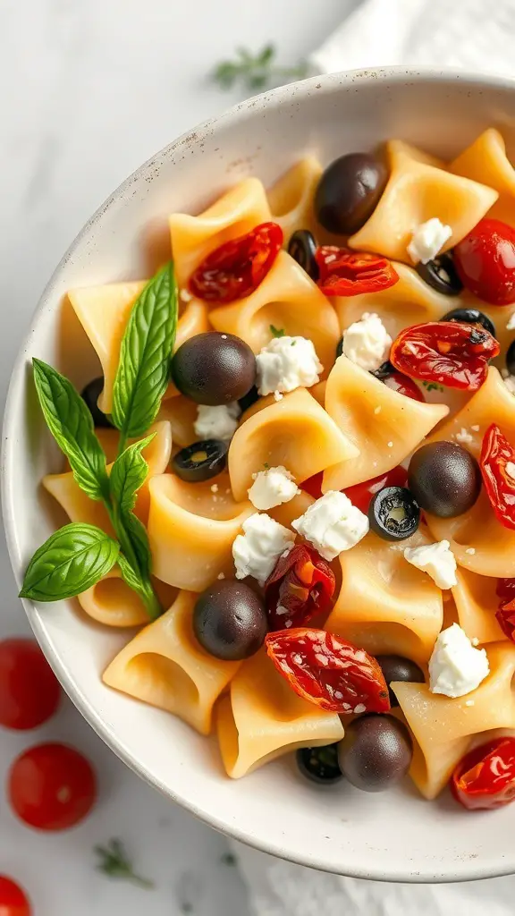 A bowl of Mediterranean bow tie pasta with olives, sun-dried tomatoes, and feta cheese, garnished with fresh basil.