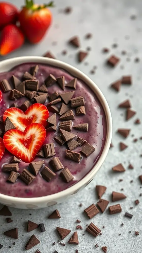 A close-up of an acai bowl topped with dark chocolate shavings and strawberries.