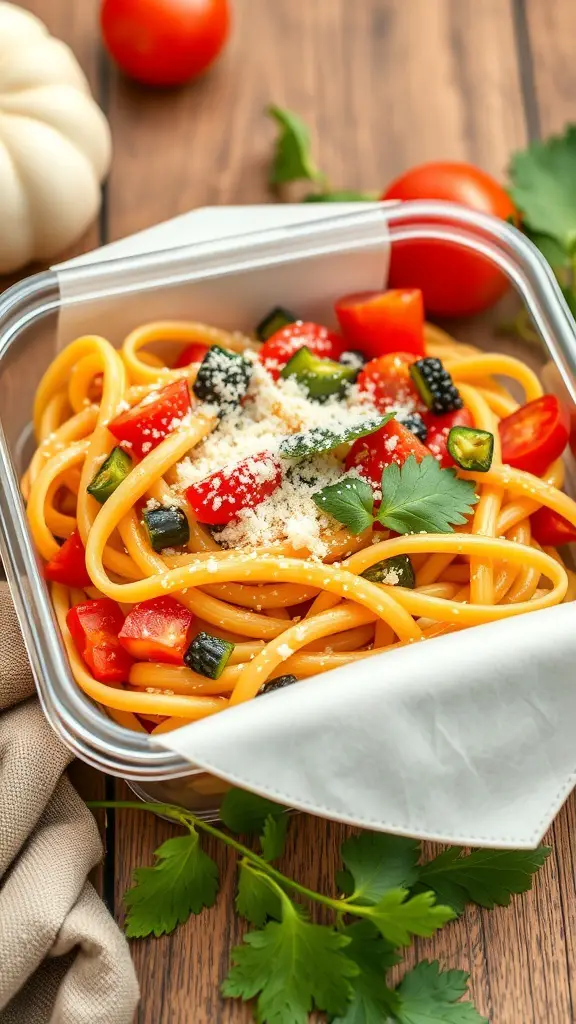 A packed lunch container with pasta primavera, featuring spaghetti, colorful vegetables, and garnished with herbs and cheese.