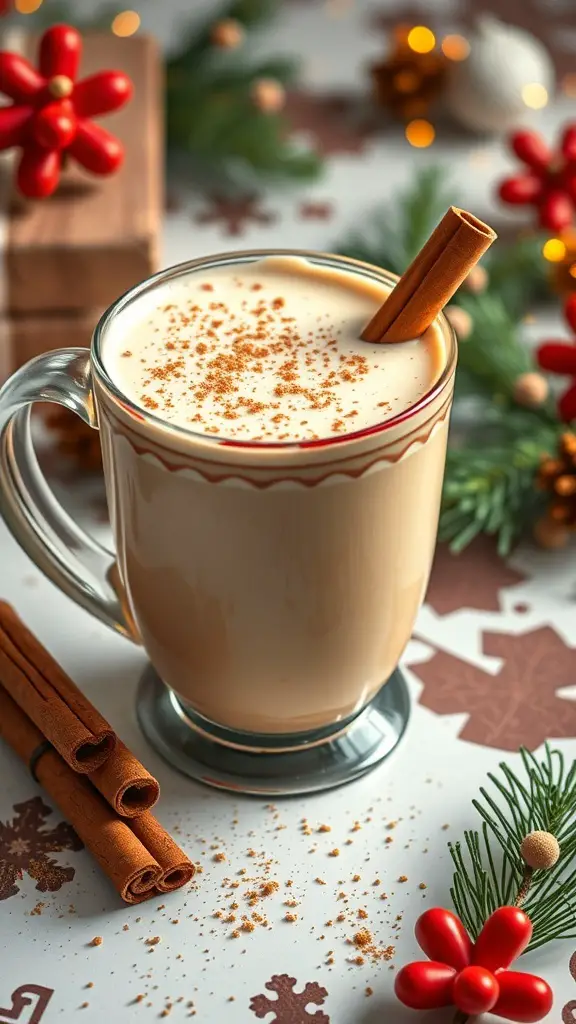 A cozy Eggnog Latte with Nutmeg in a clear glass mug, surrounded by festive decorations.