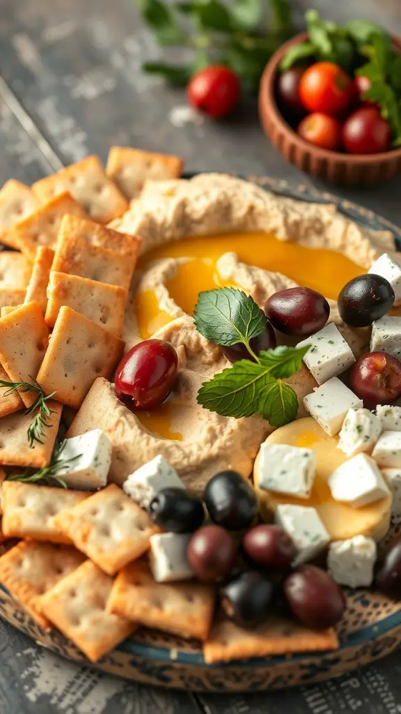 A Mediterranean Club Cracker Platter featuring hummus, club crackers, olives, feta cheese, and cherry tomatoes.