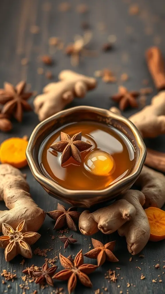 Ingredients for ginger spice drops including ginger, star anise, and syrup