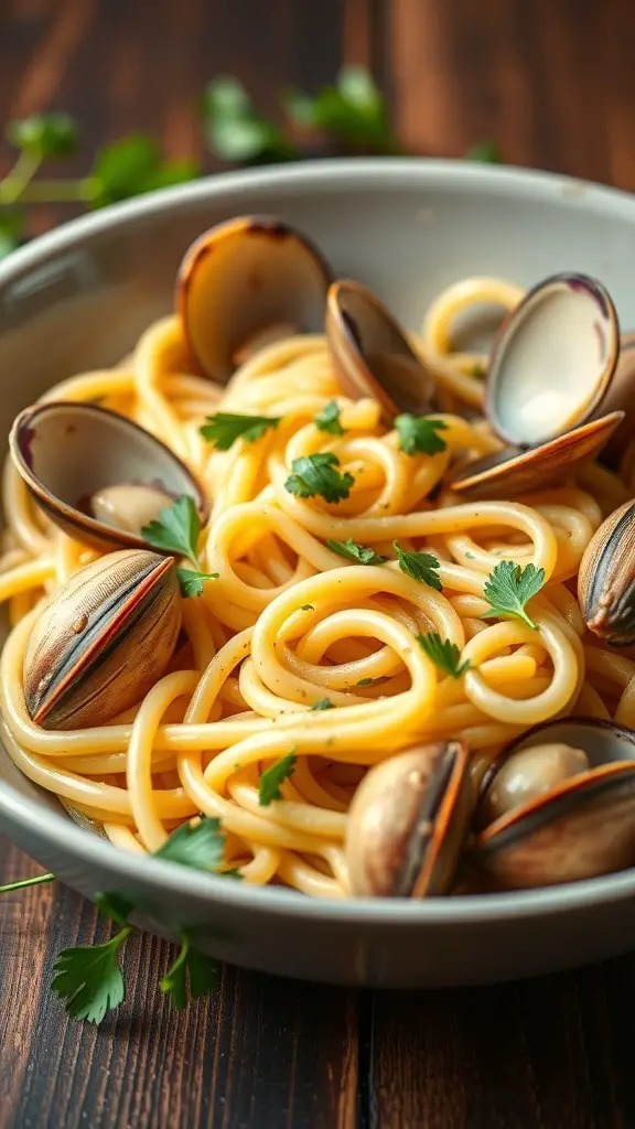 A bowl of ditalini pasta with clams and parsley on a wooden table
