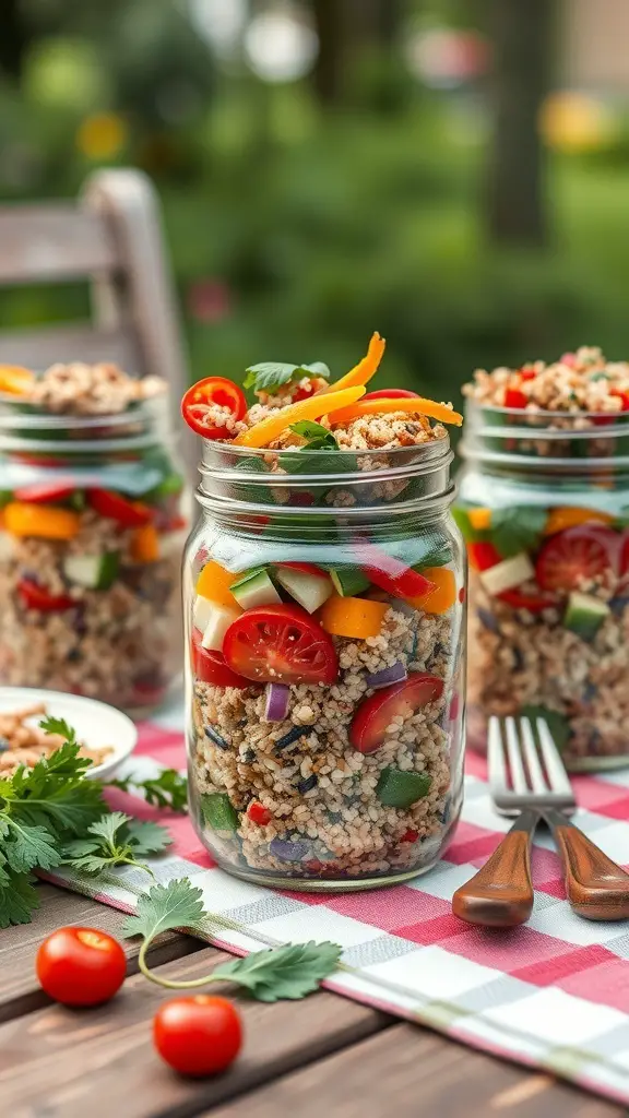 Colorful quinoa salad jars with fresh vegetables