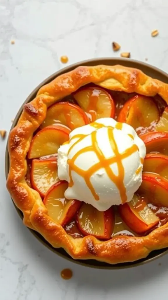 Apple Cinnamon Puff Pastry Tart topped with vanilla ice cream and caramel sauce