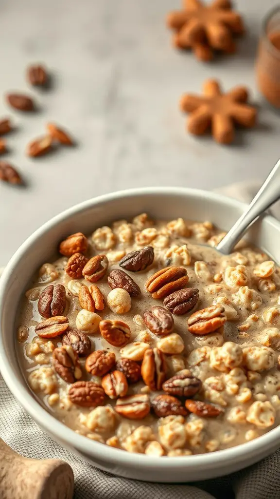 A bowl of gingerbread oatmeal topped with nuts, surrounded by festive decorations.