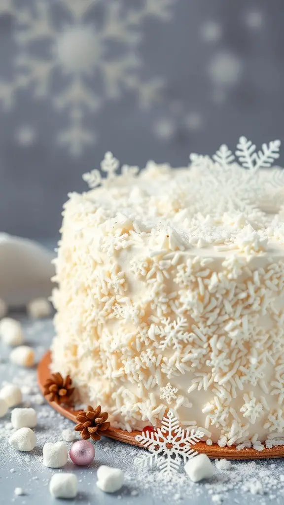 A beautifully decorated Vanilla Snowflake Cake with coconut frosting and snowflake decorations.