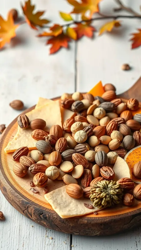 A wooden platter filled with various nuts and seeds, surrounded by autumn leaves.