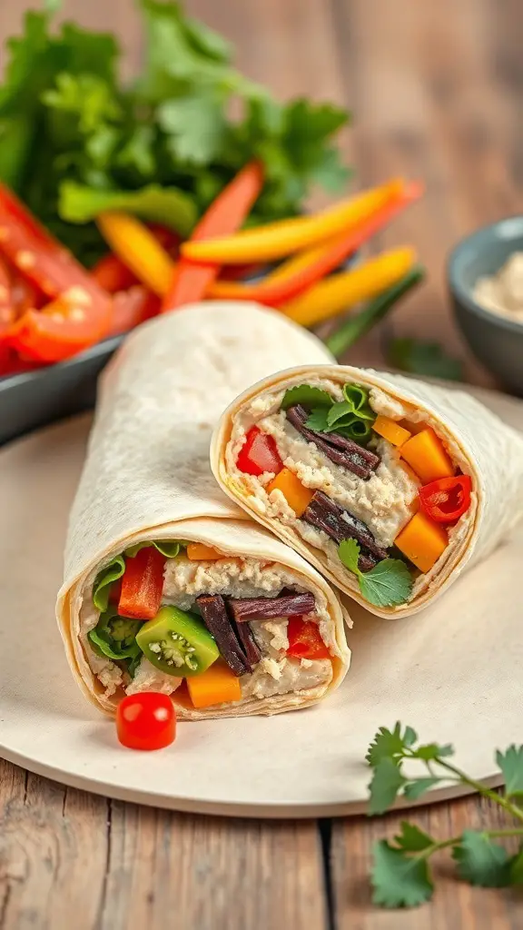 A colorful hummus and veggie wrap filled with fresh vegetables and herbs, served on a wooden table.