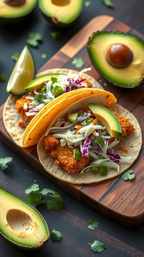 Breaded tilapia tacos topped with slaw and avocado slices on a wooden board
