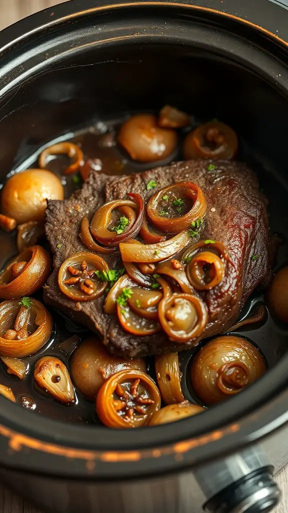 A delicious beer braised pot roast with onions in a crock pot.