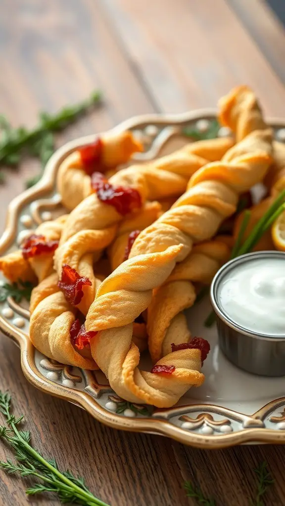 A plate of bacon and chive biscuit twists with a creamy dip