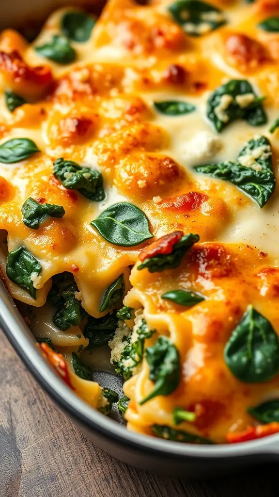 A close-up of a pasta casserole with spinach and ricotta, topped with melted cheese and fresh basil.