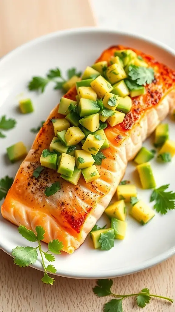 Baked salmon fillet topped with avocado salsa and cilantro on a plate