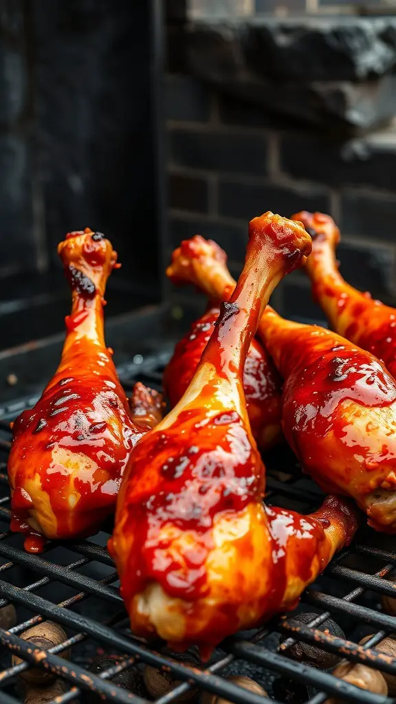Grilled turkey legs coated in spicy barbecue glaze on a grill