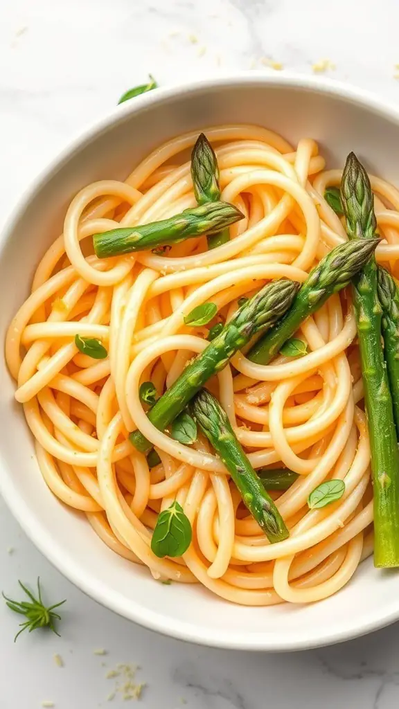 A bowl of elbow pasta with lemon and asparagus, garnished with herbs.