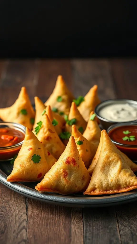 A platter of golden puff pastry vegetable samosas with dipping sauces