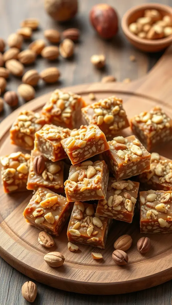 A wooden platter with nutty toffee bites topped with various nuts, surrounded by loose nuts.