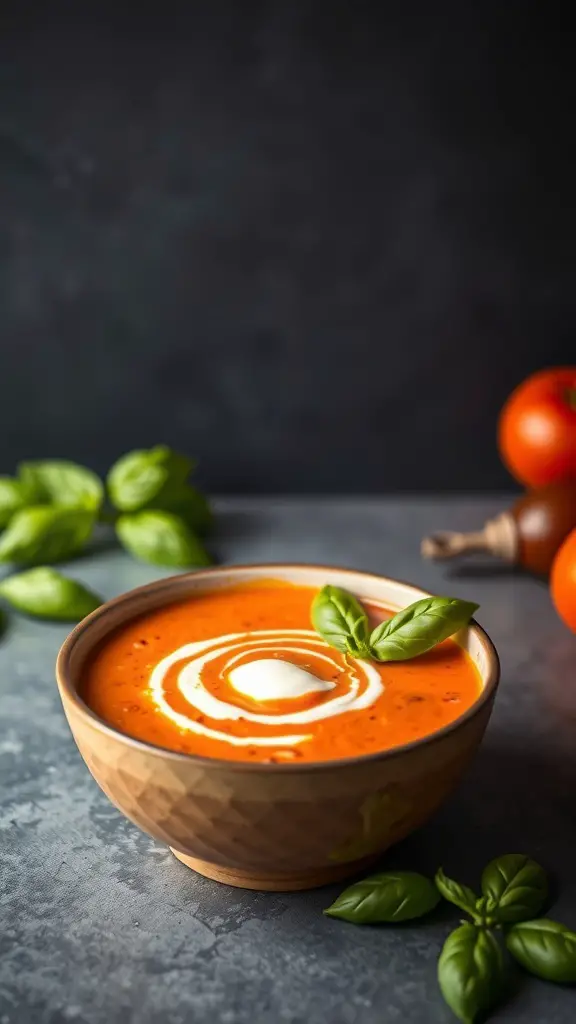 A bowl of creamy tomato basil soup with a swirl of cream and fresh basil leaves, surrounded by tomatoes and basil on a dark background.