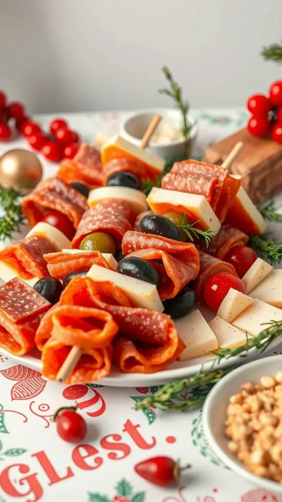 A plate of antipasto skewers featuring salami, cheese, olives, and cherry tomatoes.