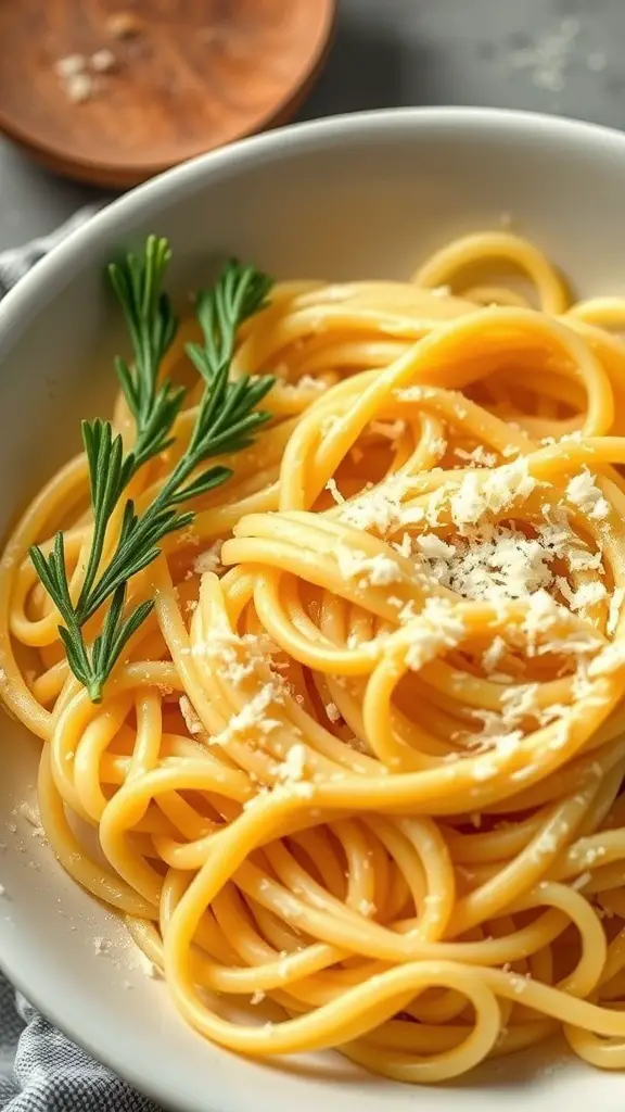 A bowl of egg noodles with garlic butter and Parmesan, garnished with fresh herbs.