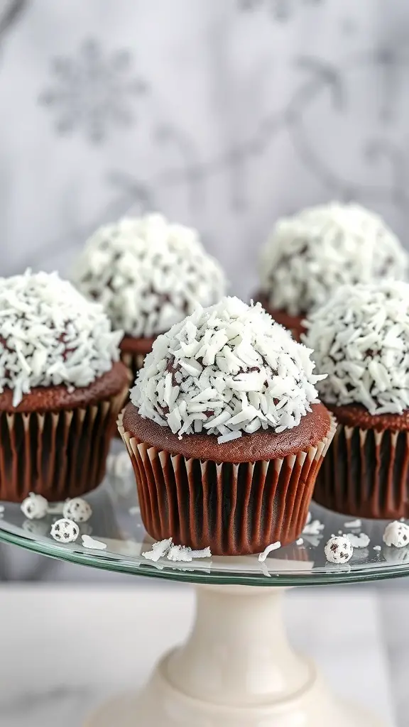 A close-up of chocolate cupcakes topped with shredded coconut, resembling snowballs, displayed on a glass cake stand.