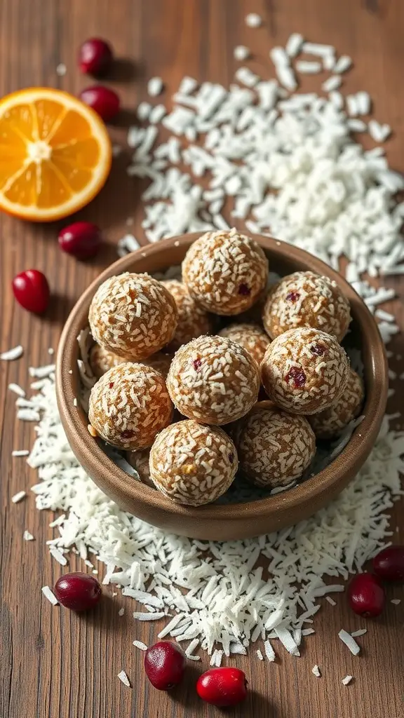 A bowl of cranberry orange bliss balls coated in shredded coconut, surrounded by fresh cranberries and a halved orange on a wooden surface.