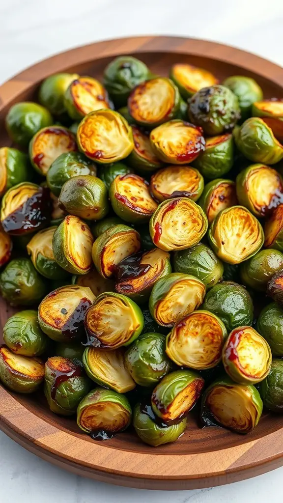 A platter of roasted Brussels sprouts drizzled with balsamic glaze, showcasing their golden brown color and glossy finish.